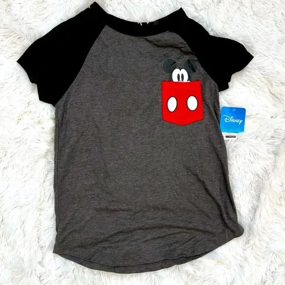 Disney Mickey Mouse Youth Gray Black Pocket T-Shirt Size 7/9 Medium NWT - Picture 1 of 5